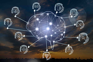 Artificial Intelligence Network Concept with Smart City IoT Icons Over Urban Skyline HD wallpaper