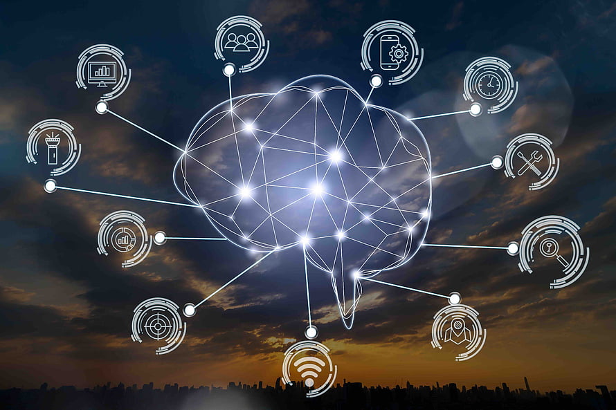 Artificial Intelligence Network Concept with Smart City IoT Icons Over Urban Skyline HD wallpaper