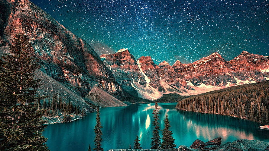 Maligne Lake and Mount Robson under a starry night sky in the Canadian Rockies HD wallpaper
