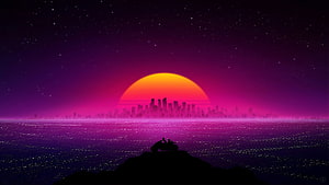 Retro Synthwave Sunset Over Neon Cityscape with Motorcycle Silhouette HD wallpaper
