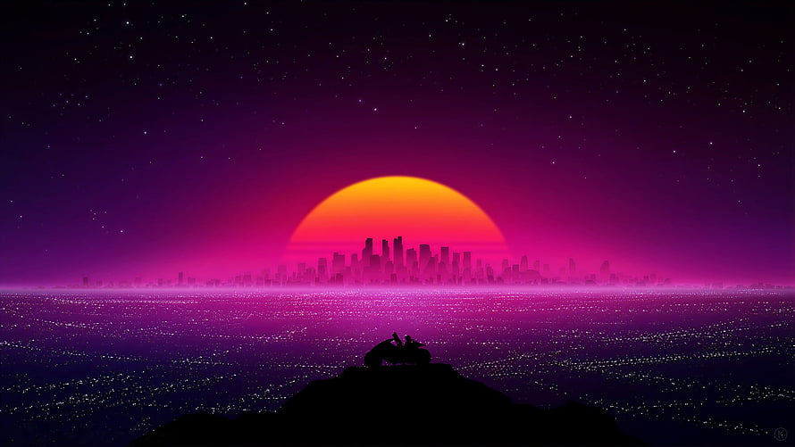 Retro Synthwave Sunset Over Neon Cityscape with Motorcycle Silhouette HD wallpaper