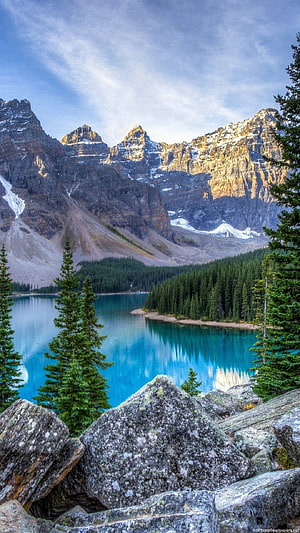 Turquoise Mountain Lake Surrounded by Pine Forest and Rocky Peaks HD phone wallpaper