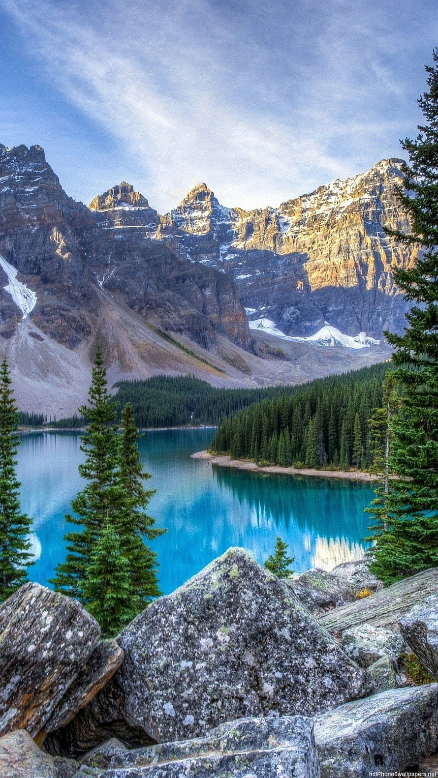 Turquoise Mountain Lake Surrounded by Pine Forest and Rocky Peaks HD phone wallpaper
