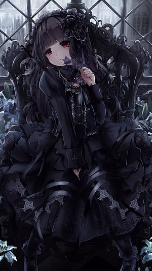 Gothic Lolita Anime Girl in Black Lace Dress with Red Eyes and Rose Headpiece HD phone wallpaper