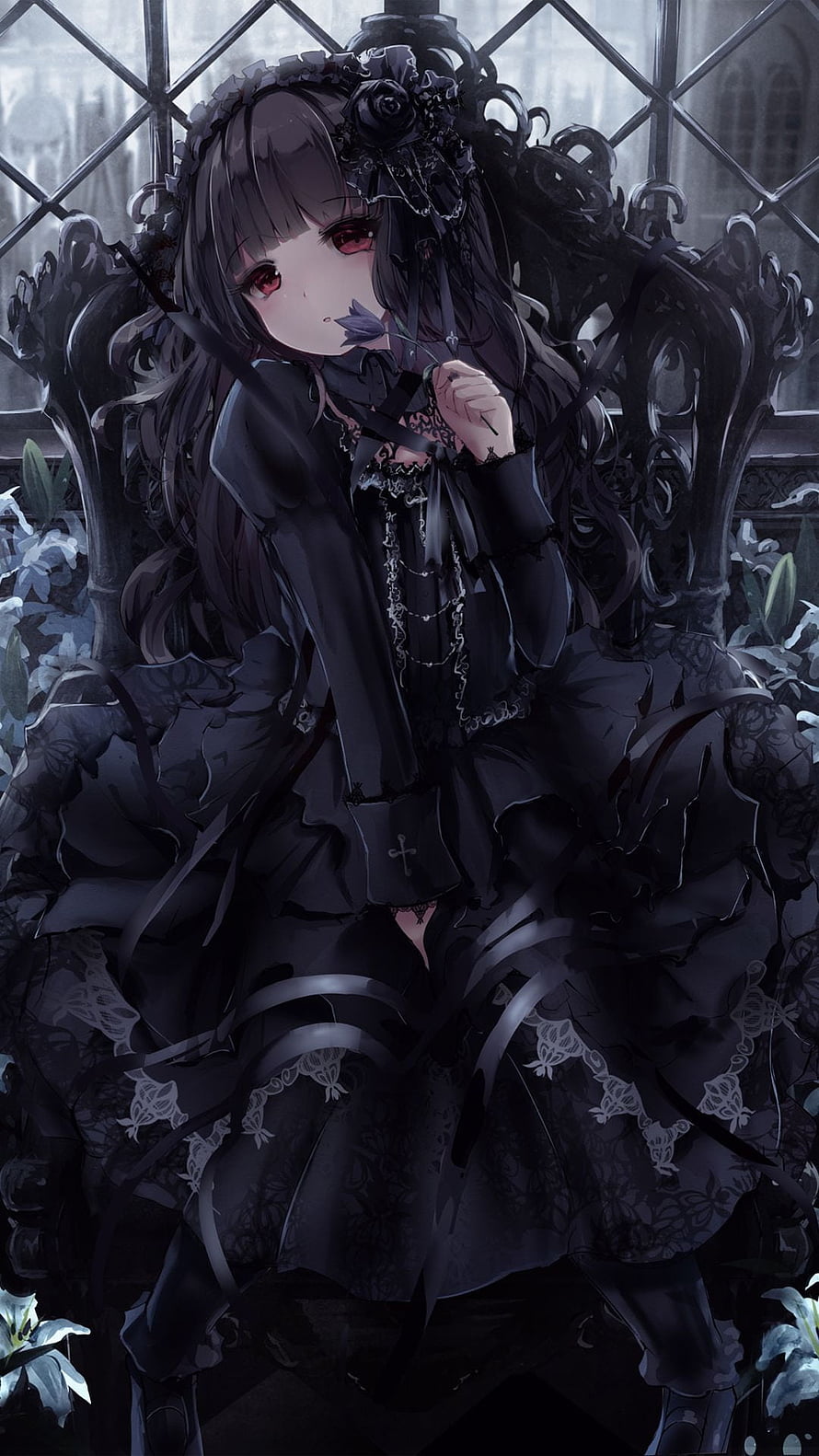 Gothic Lolita Anime Girl in Black Lace Dress with Red Eyes and Rose Headpiece HD phone wallpaper