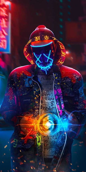 Cyberpunk Hacker With Neon Mask And Glowing Energy Sphere In Futuristic City HD phone wallpaper