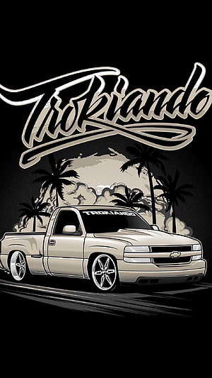 Trokiando Lowrider Chevy Truck Illustration with Palm Trees and Sunset Skyline HD phone wallpaper