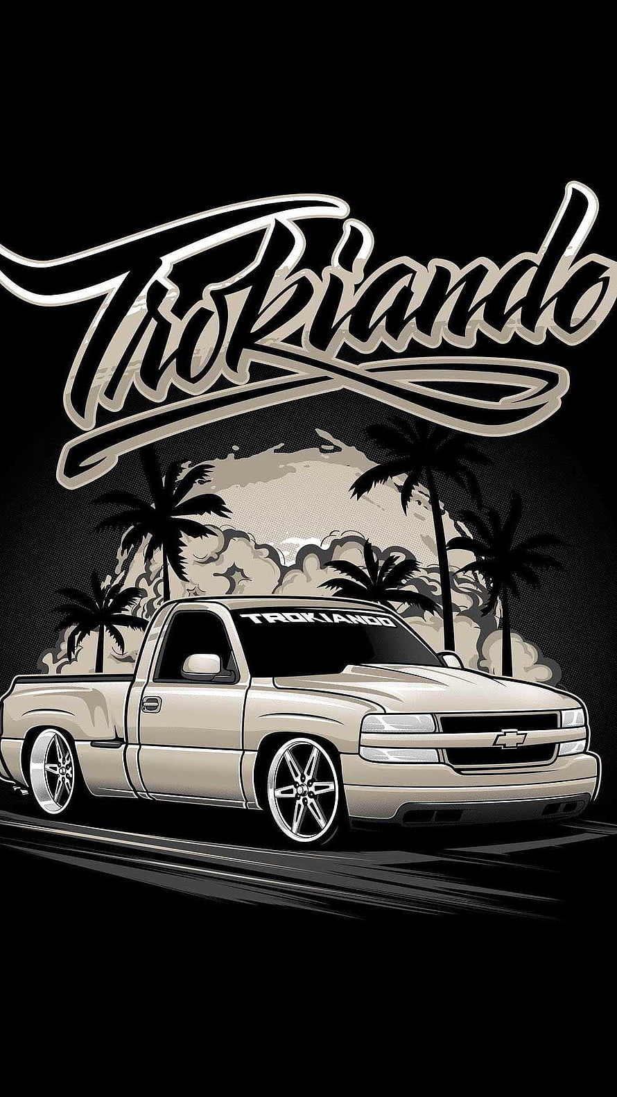 Trokiando Lowrider Chevy Truck Illustration with Palm Trees and Sunset Skyline HD phone wallpaper