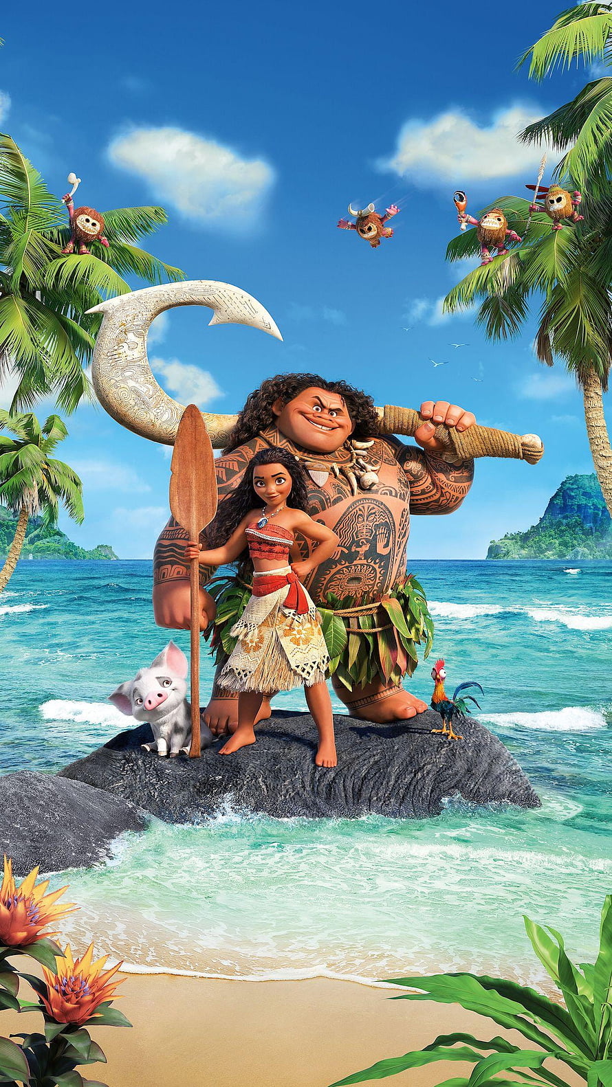 Moana and Maui standing on a rock in the ocean with tropical scenery HD phone wallpaper