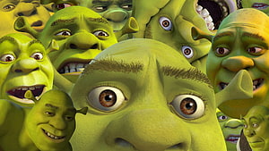Shrek Aesthetic Meme Artwork Featuring Multiple Green Ogre Faces in a Surreal Collage HD wallpaper