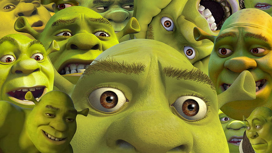 Shrek Aesthetic Meme Artwork Featuring Multiple Green Ogre Faces in a Surreal Collage HD wallpaper