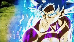 Goku Ultra Instinct Anime Character with Blue Hair and Purple Aura HD wallpaper