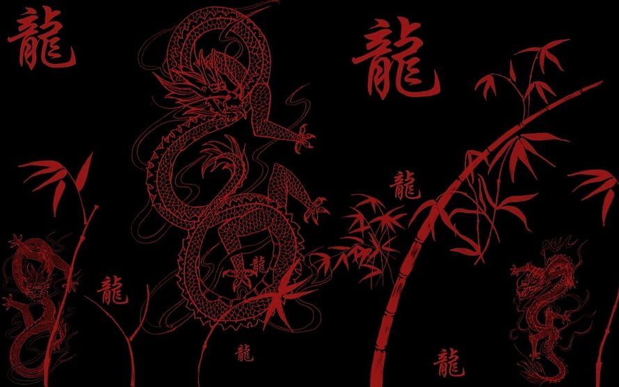 Red Japanese Dragon and Bamboo Line Art on Black Background HD wallpaper