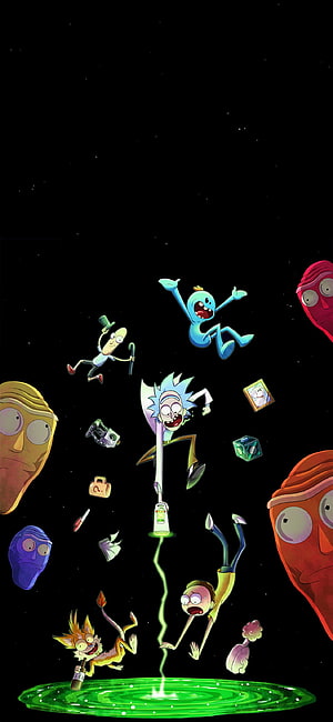 Rick and Morty characters falling into a green portal in space with floating objects and alien heads HD phone wallpaper