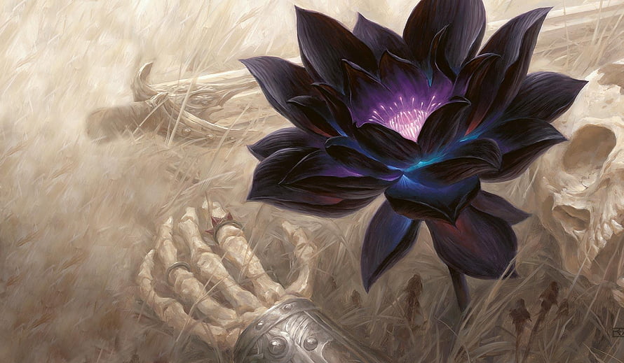 Black Lotus Card Artwork Featuring Skeletal Hand and Glowing Purple Flower HD wallpaper