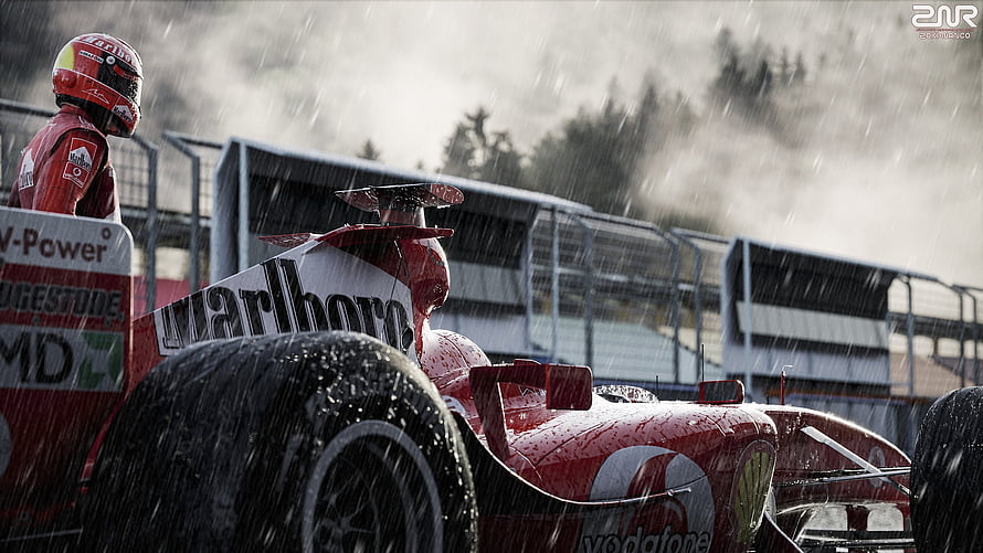Ferrari Formula 1 race car and driver in heavy rain on the track HD wallpaper