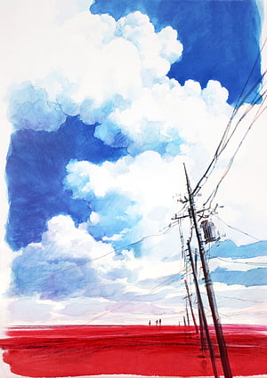 Neon Genesis Evangelion Watercolor Landscape with Red Field and Power Lines HD phone wallpaper