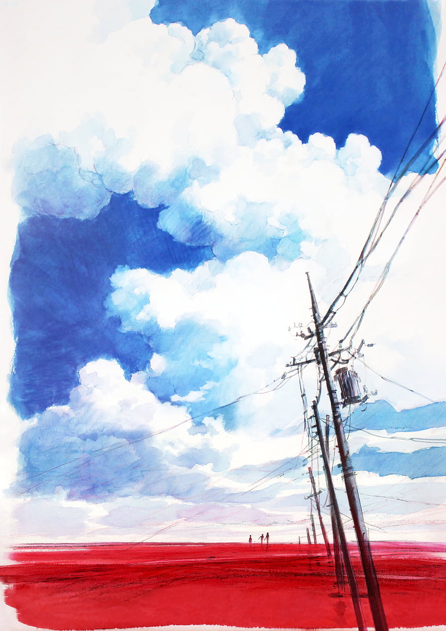 Neon Genesis Evangelion Watercolor Landscape with Red Field and Power Lines HD phone wallpaper