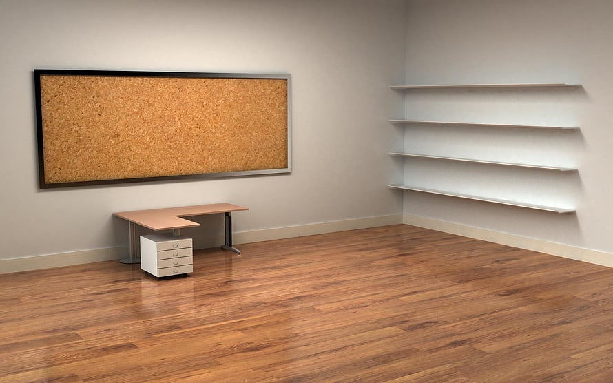 Minimalist Office Interior With Cork Board, Corner Desk, and Wall Shelves on Hardwood Flooring HD wallpaper