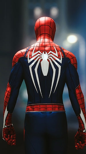 Spider-Man Far From Home Suit Back View With White Spider Emblem, Spiderman, Superhero HD phone wallpaper