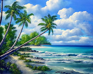 Tropical Paradise Beach With Palm Trees And Turquoise Ocean HD wallpaper