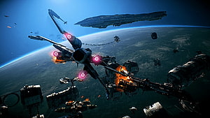 Star Wars X-Wing Starfighter Engaging Enemy Capital Ship in Orbital Space Combat HD wallpaper