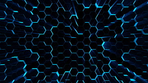 Futuristic Neon Blue Hexagon Grid Pattern with Radiating Light Beams on Dark Background HD wallpaper