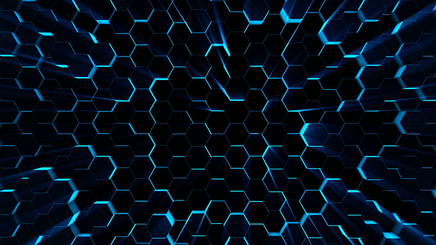 Futuristic Neon Blue Hexagon Grid Pattern with Radiating Light Beams on Dark Background HD wallpaper