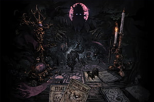 Dark Fantasy Card Game Scene with Spooky Moon and Shadowy Creatures HD wallpaper