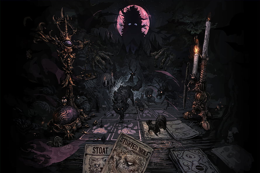 Dark Fantasy Card Game Scene with Spooky Moon and Shadowy Creatures HD wallpaper
