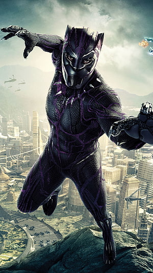 Black Panther in Full Suit Leaping Over Wakanda Cityscape with Helicopters in the Distance HD phone wallpaper