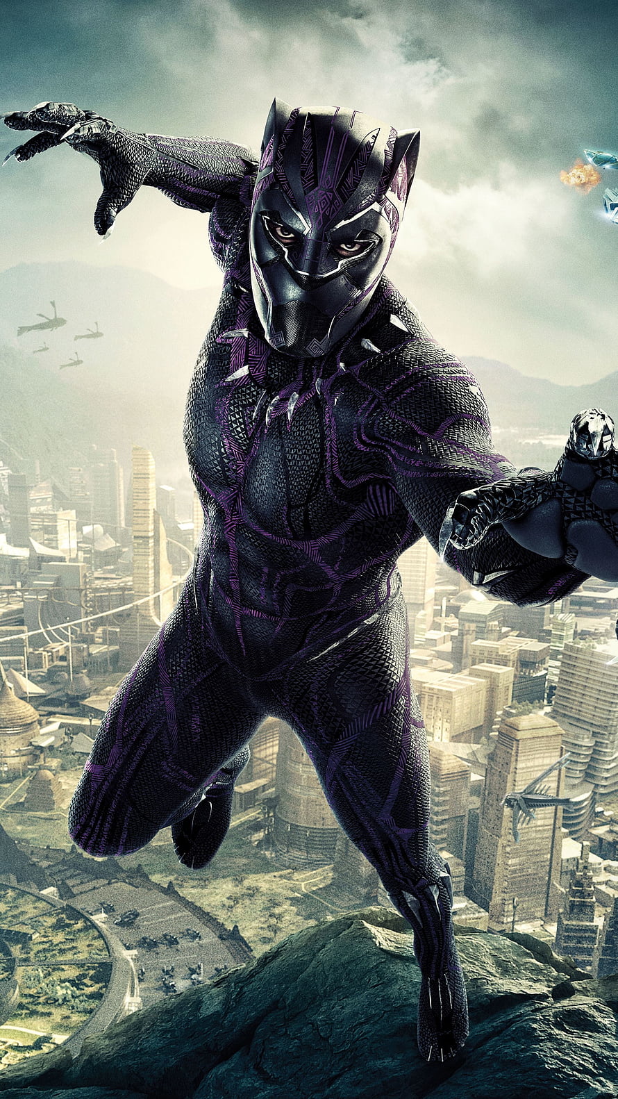 Black Panther in Full Suit Leaping Over Wakanda Cityscape with Helicopters in the Distance HD phone wallpaper