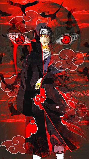 Itachi Uchiha in Akatsuki Cloak with Sharingan Eyes and Crows Against a Crimson Sky HD phone wallpaper
