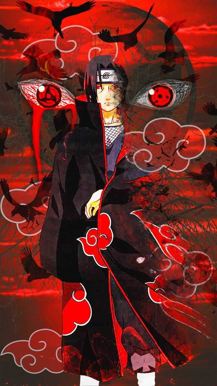 Itachi Uchiha in Akatsuki Cloak with Sharingan Eyes and Crows Against a Crimson Sky HD phone wallpaper