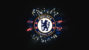 Chelsea Football Club Crest on Dark Background with Glowing Blue and Red Particle Effects HD wallpaper
