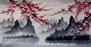 Traditional Chinese Ink Wash Painting of Cherry Blossoms Over Misty Mountains HD wallpaper