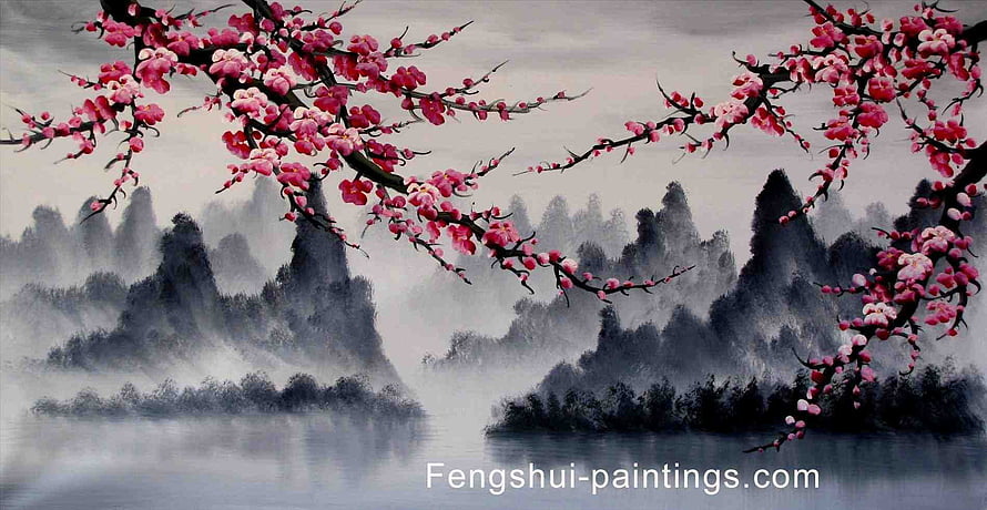 Traditional Chinese Ink Wash Painting of Cherry Blossoms Over Misty Mountains HD wallpaper