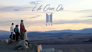 BTS Life Goes On members overlooking mountain valley at sunset HD wallpaper
