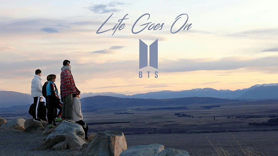 BTS Life Goes On members overlooking mountain valley at sunset HD wallpaper