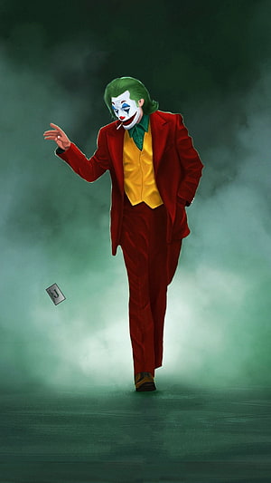 Joker in Red Suit Walking Through Green Fog with Joker Card HD phone wallpaper