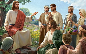 Jesus Preaching to Disciples in a Lush Garden Setting HD wallpaper