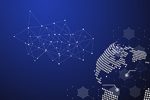 Blue Digital Network Globe with Plexus Connections and Hexagonal Tech Pattern HD wallpaper