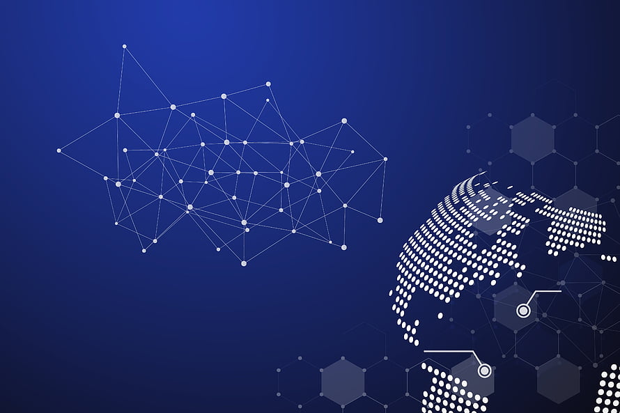 Blue Digital Network Globe with Plexus Connections and Hexagonal Tech Pattern HD wallpaper