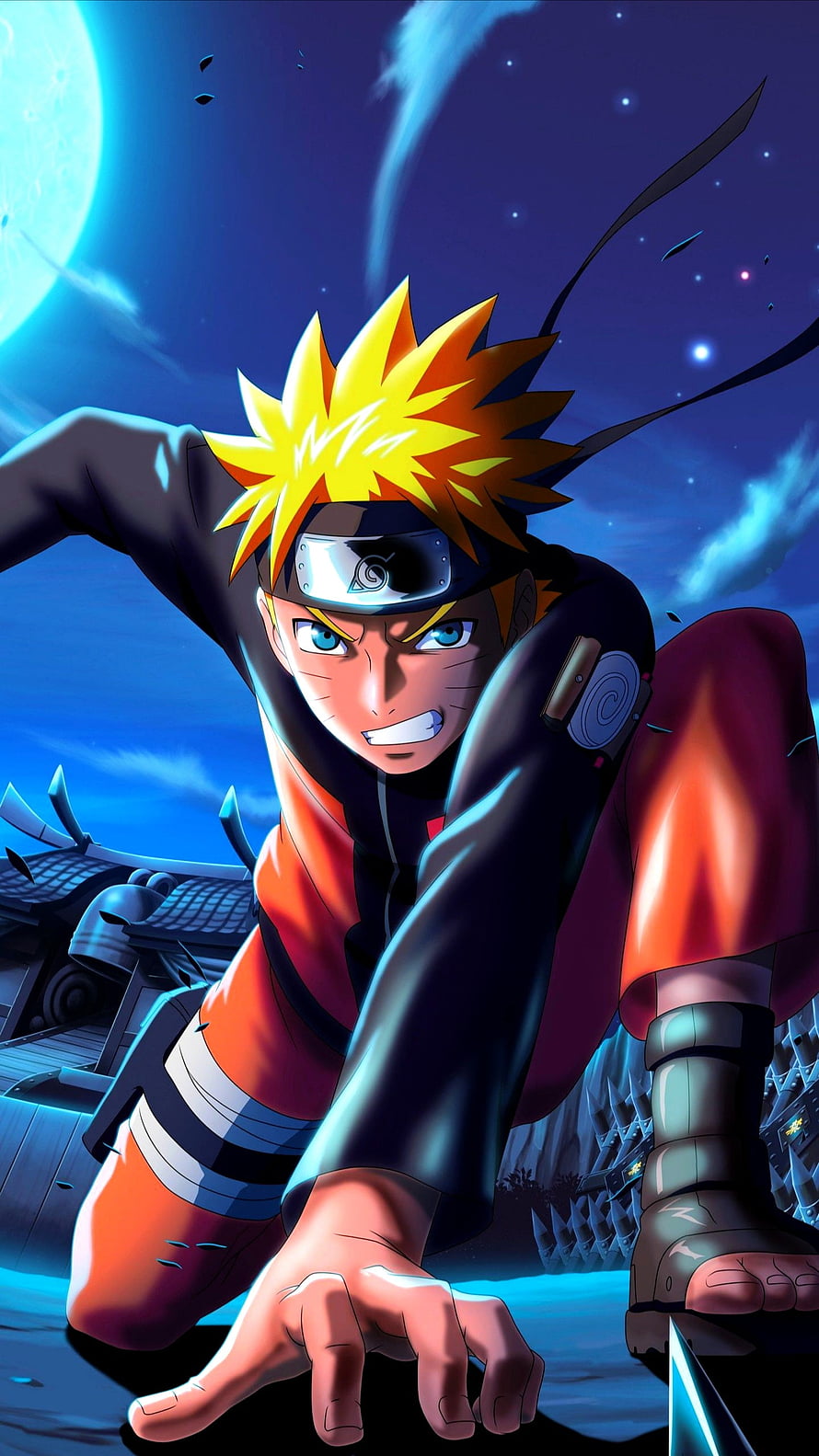 Uzumaki Naruto in dynamic action pose under a full moon with Konoha headband and orange jacket HD phone wallpaper