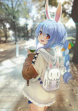 Usada Pekora Anime Girl with Bunny Ears and Backpack in Park HD phone wallpaper