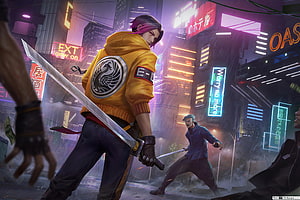 Yasuo in Cyberpunk Neon City Street Fight with Katana HD wallpaper