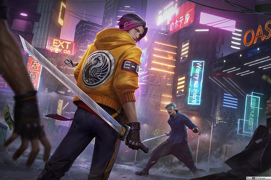 Yasuo in Cyberpunk Neon City Street Fight with Katana HD wallpaper