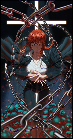 Anime Girl With Red Hair And Wings Surrounded By Chains And Skulls HD phone wallpaper