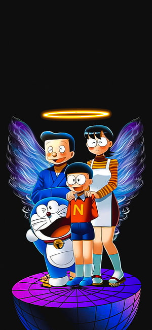 Doraemon, Nobita, and Shizuka as celestial angels with glowing wings on a purple grid platform HD phone wallpaper