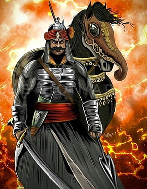 Illustration of a fierce medieval warrior with a mustache standing beside a horse against a fiery background HD phone wallpaper